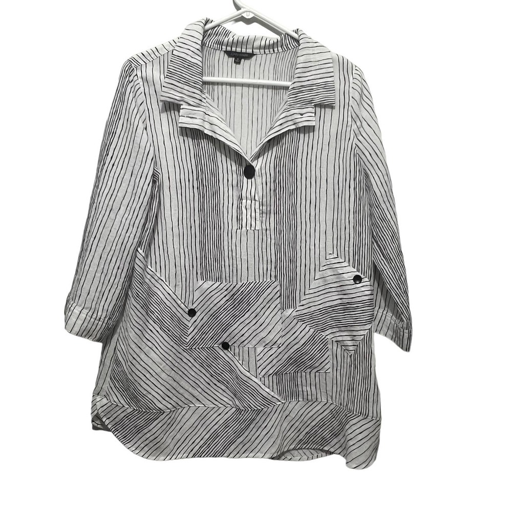 John Mark Black & White Striped Tunic Top Blouse Lagenlook Small